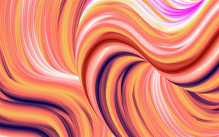 vaaleanpunaiset abstraktit aallot, 4k, luova, minimalismi, käyrät, vaaleanpunainen tausto, linjat, tausta aaltoilla