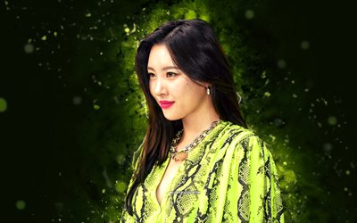 SUNMI, 4k, green neon lights, South Korean singers, music stars, creative, Lee Sun-mi, green abstract background, South Korean celebrity, SUNMI 4k