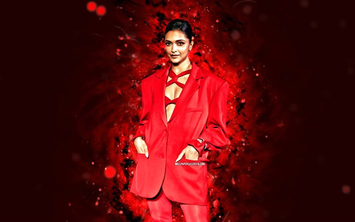 4k, deepika padukone, luces de neón rojo, actriz india, bollywood, estrellas de cine, obra de arte, imagen con deepika padukone, fondo abstracto rojo, celebridad india, deepika padukone 4k