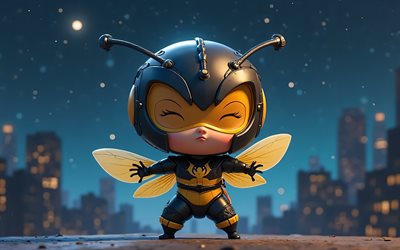 die wespe, 4k, superhelden, chibi  kunst, marvel  comics, der wespenchibi, nacht, 3d  kunst, die wesp 3d, fan art, die wesp 4k