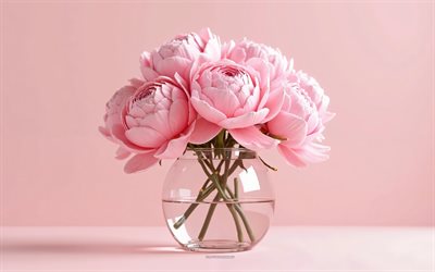 4k, 분홍색 모란의 꽃다발, 분홍색 배경, 분홍색 모란, 3d 꽃, 3d 모란, 모란 꽃다발, 분홍색 꽃, 모란, 분홍색 모란이있는 배경, 3d 핑크 모란