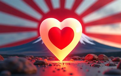 4k, amo a japón, monte fuji, arte 3d, creativo, día de japón, bandera de japón, corazón con bandera japonesa, bandera japonesa, corazones 3d, japón, amor por japón