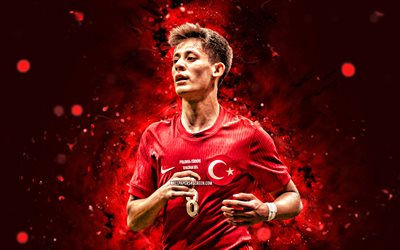 Arda Guler, 4k, red neon lights, Turkey national football team, Turkish footballers, Arda Guler 4K, football, soccer, national teams, Arda Guler Turkey Team
