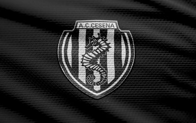 logo ac cesena fabric, 4k, sfondo in tessuto nero, serie b, bokeh, calcio, logo ac cesena, emblema ac cesena, ac cesena, club di calcio italiano, cesena fc