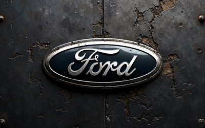 4k, フォードメタルロゴ, 金属グランジの背景, フォード, グランジアート, フォードエンブレム, アメリカの車, メタルグランジテクスチャ, フォード3dロゴ