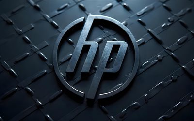 4k, logo hp metal, creativo, sfondi della griglia metallica, logo hp 3d, grunge art, logo di metallo hewlett packard, logo hp, marchi elettronici, hewlett packard, logo dei marchi, logo hewlett packard