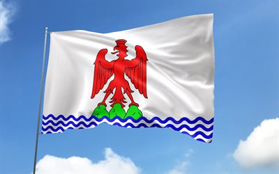 bayrak direğinde güzel bayrak, 4k, fransız şehirleri, mavi gökyüzü, nice bayrağı, dalgalı saten bayraklar, güzel bayrak, fransa şehirleri, bayraklı bayrak direği, güzel günü, fransa, güzel