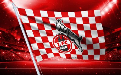 4k, شعار fc koln, نادي كرة القدم الألماني, علم الملعب, fc koln fans flag, العلم الأبيض الأحمر, fc koln emblem, البوندسليجا, ألمانيا, كرة القدم, fc koln