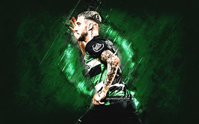 zeno debast, sporting cp, belgischer fußballspieler, grüner steinhintergrund, grunge  kunst, sporting, portugal, fußball, zeno debast sporting