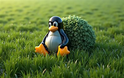 4k, logo linux 3d, herbe verte, pingouin linux, logo linux, art créatif, linux, système opérateur