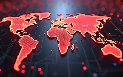 4k, carte du monde numérique rouge, technologies numériques mondiales, concepts de la carte du monde, communications, carte du monde red neon, carte du monde 3d, contexte technologique, carte du monde