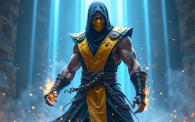4k, Scorpion, Mortal Kombat, Yellow Ninja, creative blue background, Mortal Kombat fighting game, Mortal Kombat characters, Scorpion Mortal Kombat