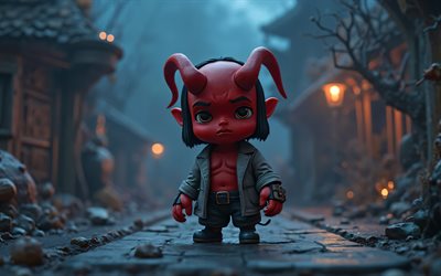 helvetinpoika, 4k, supersankarit, chibi  taide, seuraavat miehet, hellboy chibi, yö, 3d  taide, hellboy 3d, fani  taide, hellboy 4k
