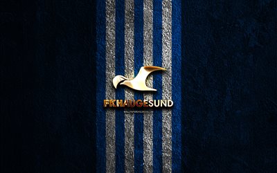 fk haugesund golden logo, 4k, fundo de pedra azul, eliteserien, clube de futebol norueguês, logotipo fk haugesund, futebol, fk haugesund emblema, fk haugesund, haugesund fc