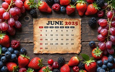 4k, calendario 2025 de junio, marco de frutas, junio ​​de 2025, calendarios de verano, fondo de madera, calendario de junio de 2025, frutas de verano, 2025 conceptos, calendarios de junio, 2025 calendarios, junio