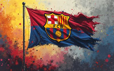fc barcelone emblem, 4k, drapeau bleu marron, drapeau avec le logo fc barcelone sur le mât, fc barcelone paint splashes flag, logo fc barcelone, catalogne, football, espagne, fc barcelone