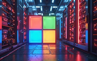 4k, microsoft logo colorato, bokeh, marchi di software, rack di data center, opera d'arte, logo microsoft, oscurità, logo dei marchi, logo microsoft neon, microsoft, marchi