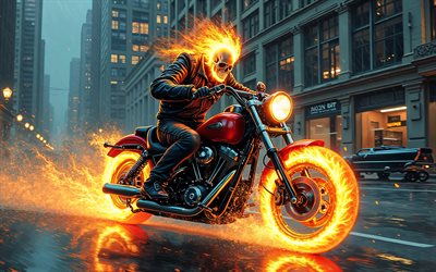 4k, Ghost Rider, cityscape, superheroes, 3D art, Marvel Comics, evening, Ghost Rider 3D, fan art, Ghost Rider 4K