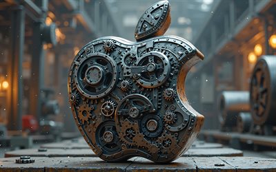 Apple metal logo, 4k, metal gears, 3d mechanism, Apple emblem, Apple 3d logo, Apple, mechanics art, Apple art, Apple logo