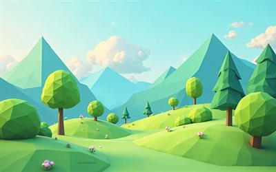paesaggio poligonico di montagna, 4k, alberi poligoni 3d, 3d art, paesaggio poligono, paesaggio di montagna, paesaggio estivo, astrazione creativa