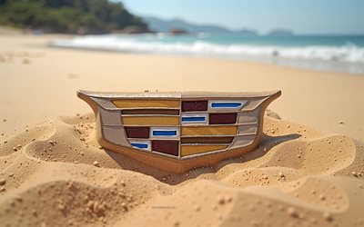 Cadillac logo, 4k, summer, Cadillac logo made of sand, beach, 3d Cadillac logo, sand, Cadillac emblem, Cadillac