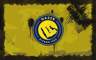 Al Nassr FC grunge logo, 4k, Saudi Professional League, yellow grunge background, soccer, Al Nassr FC emblem, football, Al Nassr FC logo, Al Nassr FC, Saudi football club, Al-Nassr FC