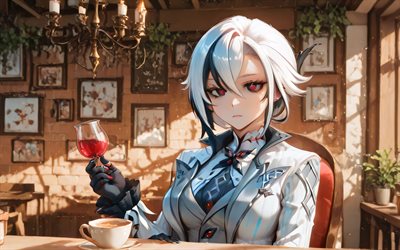 4k, arlecchino, ristorante, impatto di genshin, bicchiere di vino, occhi rossi, personaggi anime, opera d'arte, personaggi di genshin impact, impatto di genshin di arlecchino
