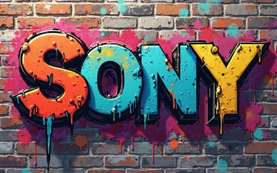 4k, sony graffiti  logo, katutaide, luova, värikäs tiiliseinä, elektroniikkabrändit, sony abstract logo, tuotemerkit, sony värikäs logo, taideteos, sony  logo, sony