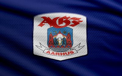 logo aarhus gf fabric, 4k, sfondo in tessuto blu, superliga danese, bokeh, calcio, logo aarhus gf, emblema aarhus gf, aarhus gf, club di calcio danese, aarhus fc