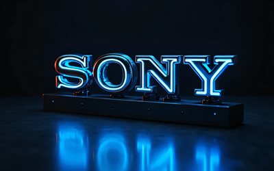 logo sony blue neon, 4k, oscurità, luci al neon blu, logo 3d sony, opera d'arte, logo sony metal, logo sony, marchi elettronici, sony