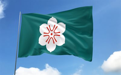 Saga flag on flagpole, 4K, Japanese prefectures, blue sky, flag of Saga, wavy satin flags, Saga flag, Prefectures of Japan, flagpole with flags, Day of Saga, Japan, Saga