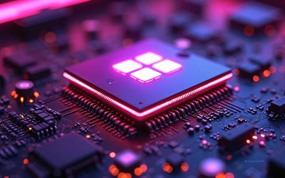 windows 11  logotyp, lila neonljus, windows 11  emblem, chip på moderkortet, microsofts logotyp, windows 11, fönster