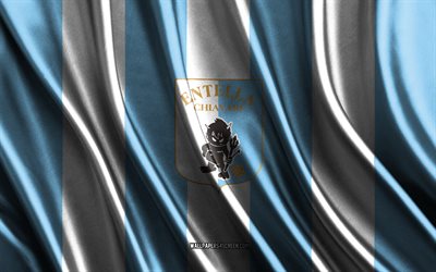 4k, Virtus Entella logo, Serie B, blue white silk texture, Virtus Entella flag, Italian football club, soccer, silk flag, Virtus Entella emblem, Italy, Virtus Entella badge, Virtus Entella