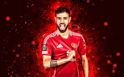 4k, bruno fernandes, neşe, kırmızı soyut arka plan, manchester united fc, premier lig, portekizli futbolcular, bruno fernandes 4k, kırmızı neon işıklar, futbol, adam birleşik, bruno fernandes manchester united