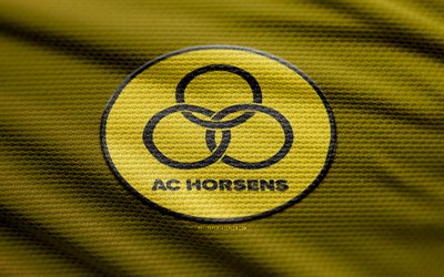 AC Horsens fabric logo, 4k, yellow fabric background, Danish 1st Division, bokeh, soccer, AC Horsens logo, football, AC Horsens emblem, AC Horsens, Danish football club, Horsens FC
