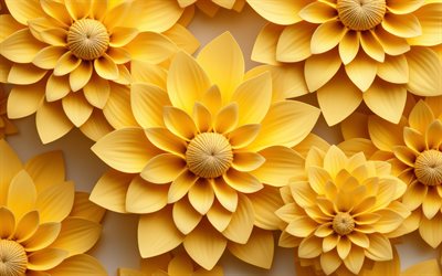 gelbe 3d  blumen, 4k, kunstwerk, nahaufnahme, blumige hintergründe, kreativ, 3d  blumen, hintergrund mit blumen, gelbe blüten, gelbe blumenhintergrund