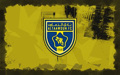 Al Taawoun FC grunge logo, 4k, Saudi Professional League, yellow grunge background, soccer, Al Taawoun FC emblem, football, Al Taawoun FC logo, Al Taawoun FC, Saudi football club, Al-Taawoun FC