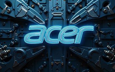 acer blue neon logo, 4k, bokeh, metallhintergrund, blaue neonlichter, acer 3d  logo, kunstwerk, acer metal logo, acer  logo, elektronikmarken, acer