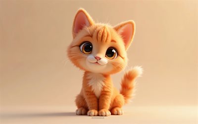 4k, cute 3d ginger cat, cartoon 3d ginger cat, cute animals, ginger cat, 3d animals, cartoon 3d animals, funny ginger cat, little ginger cat, orange background