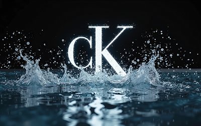 Calvin Klein glitter logo, 4k, water splashes, black backgrounds, fashion brands, Calvin Klein 3D logo, Calvin Klein white logo, creative, Calvin Klein logo, brands, Calvin Klein