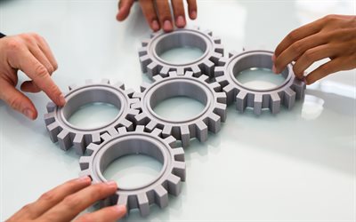 teamwork concepts, 4k, business concepts, team, gears in hands, team mechanism, teamwork, business