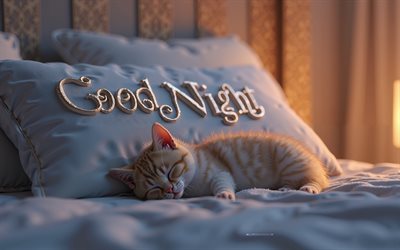 gute nacht, 4k, schlafendes ingwer kätzchen, gute nacht 3d  inschrift, pilow, schlaf kleines süßes kätzchen, gute nachtkonzepte, gute nachtwunsch