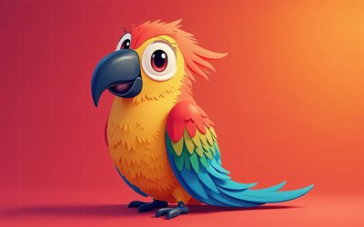 cartoon 3d  ara, 4k, minimalismus, rote hintergründe, cartoon scarlet macaw, cartoonvögel, cartoona, backgroun mit acaw, 3d  vögel, scharlachrote dar