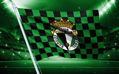 4k, Burgos CF logo, Spanish football club, stadium flag, Burgos CF fans flag, green white flag, Burgos CF emblem, Segunda, Spain, football, Burgos CF
