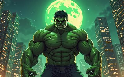 4k, hulk en colère, paysage nocturne, super héros, art comméc, ponton, comics marvel, lune verte, hulk 3d, fan art, hulk 4k