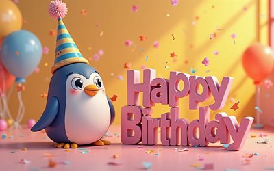 happy birthday 3d incrition, 4k, penguin da cartone animato 3d, concetti di buon compleanno, buon compleanno auguri, background di compleanno con pinguino, penguins 3d divertenti, buon compleanno