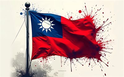 Taiwan flag, 4k, grunge background, Taiwan flag on the flagpole, Taiwan paint splashes flag, grunge art, Taiwan, flag of Taiwan