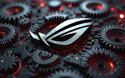 rogo rog metal, 4k, engrenages métalliques, république des joueurs, mécanisme 3d, rog emblem, logo rog 3d, rog, asus, art des mécanismes, rog art, logo rog