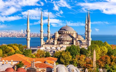 sininen moskeija, istanbul, kesän, sulttaani ahmed  moskeija, istanbulin maamerkki, istanbulin kaupunkikuva, turkki, istanbulin moskeijat, moskeija