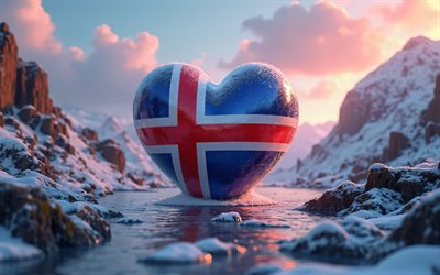 4k, amo l'islanda, paesaggio invernale, bokeh, creativo, giorno dell'islanda, bandiera dell'islanda, 3d art, cuore con bandiera islandese, cuori 3d, bandiera islandese, islanda, amore per l'islanda